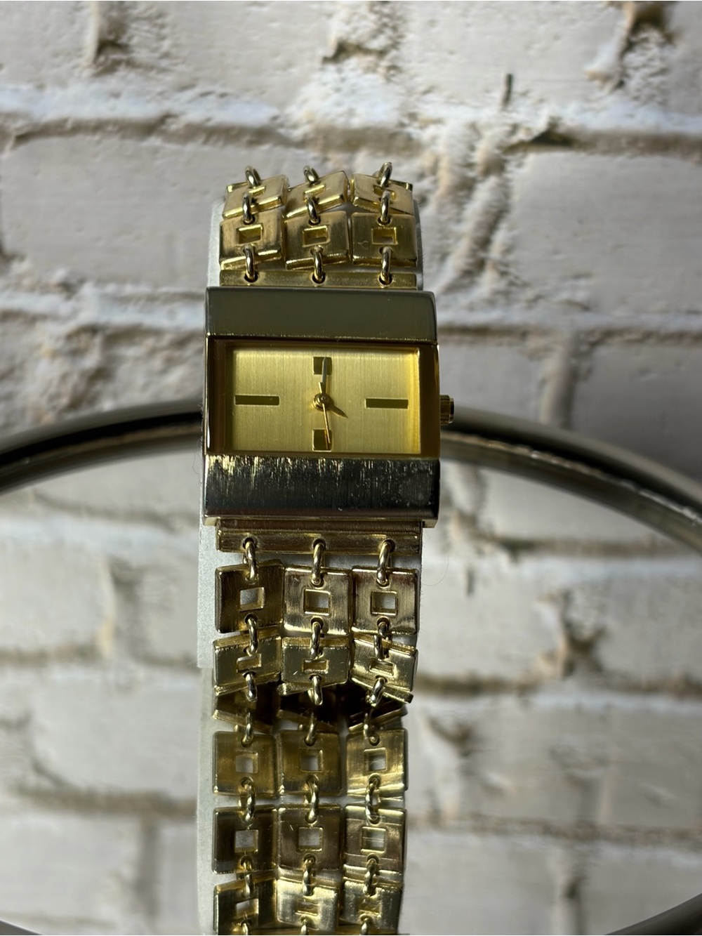 Gold Tone Women’s Quartz Watch Geometric Square Link Bracelet 26mm